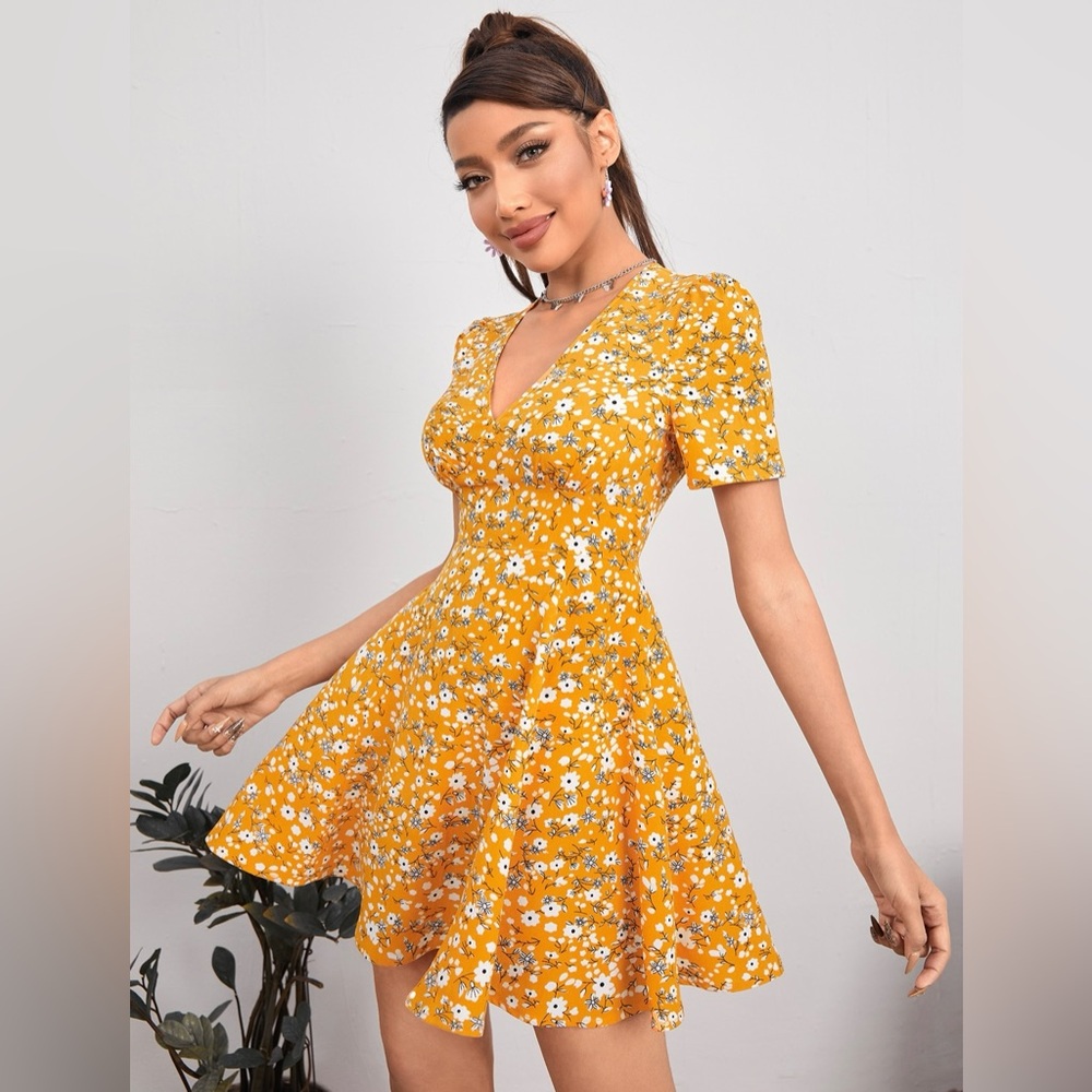 SHEIN Yellow Floral Mini Dress